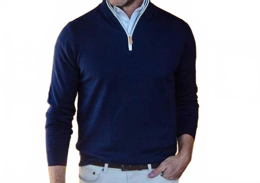 NEW COLLARS & CO. 1/4 zip long sleeve knit sweater in navy blue with white accen